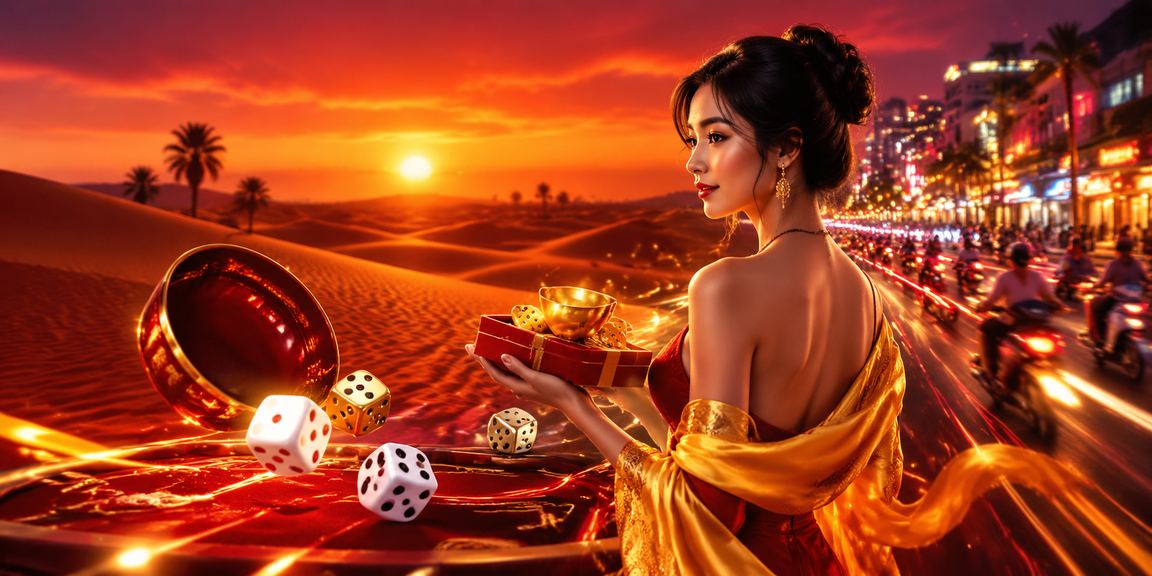 Ánh đèn neon phản chiếu trên mặt xúc xắc tài xỉu tại khu nghỉ dưỡng Mũi Né về đêm