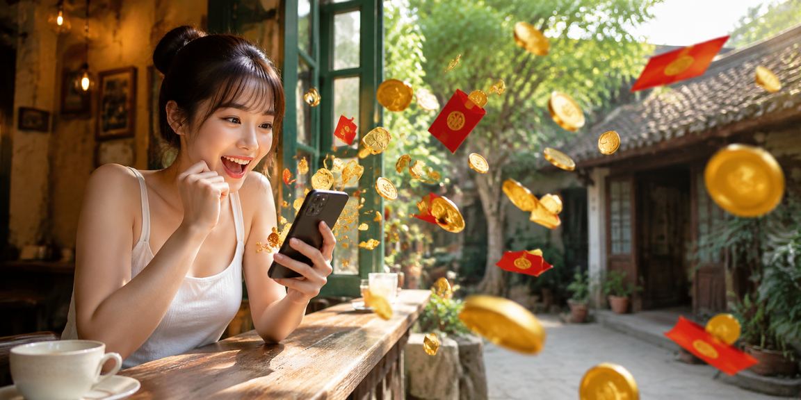 Phong bì đỏ may mắn và cà phê Việt Nam đặt cạnh điện thoại hiển thị thưởng VIP tại Ninh Bình